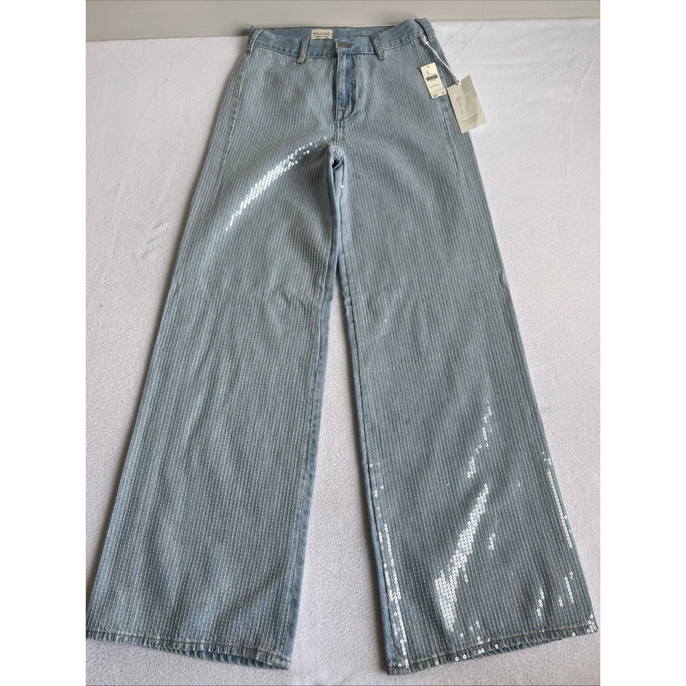 Anthropologie Pilcro Sequin High Rise Wide Leg Jeans 27T Blue Light Wash NWT